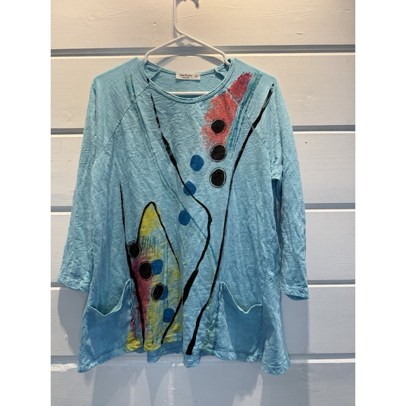 Jess & Jane Tops - Jess & Jane Wearable Art Tunic Top Sz M Blue Cotton Pockets Lagenlook Boho